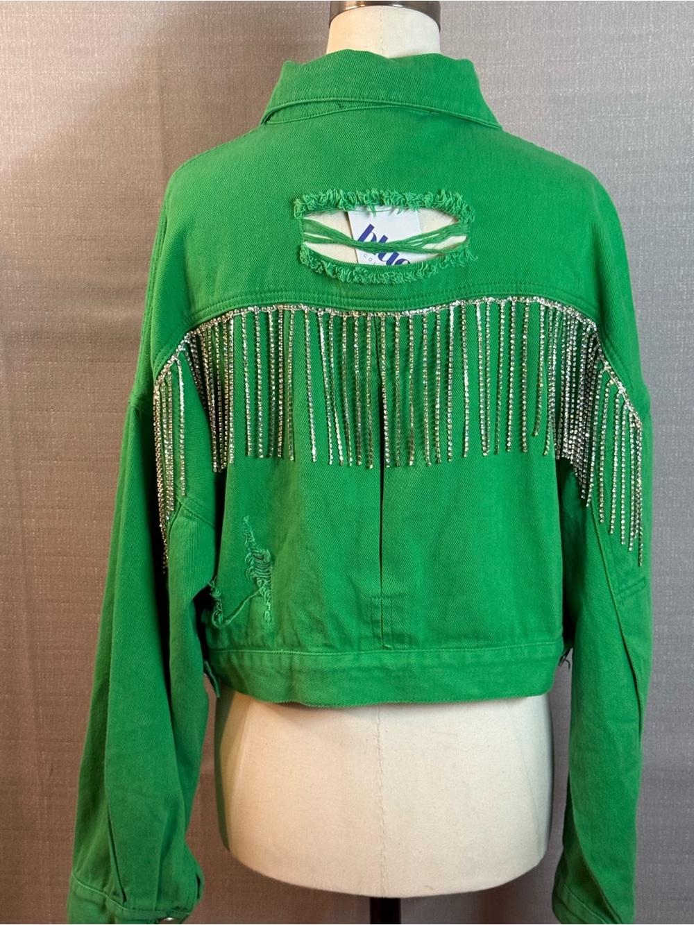 Cropped Distressed Green Denim Jacket - Women